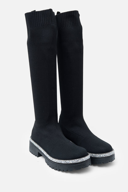 Sparkly Calf Stretch Sock Boots Black, drawing attention to chunky Sole