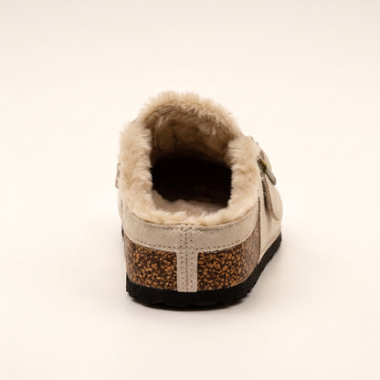 Sadie Faux Suede Fur Lined Buckle Clog Sliders Nude