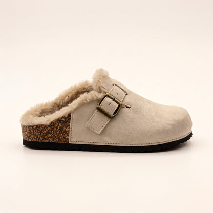 Sadie Faux Suede Fur Lined Buckle Clog Sliders Nude
