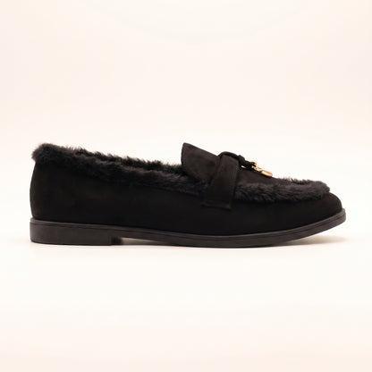 Mollie Faux Suede Fur Lined Flat Penny Detail Moccasin Loafers Black