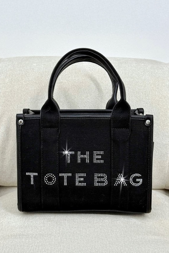 Sparkly Canvas Medium Tote Bag Black - Canvas with sparkly rhinestone text