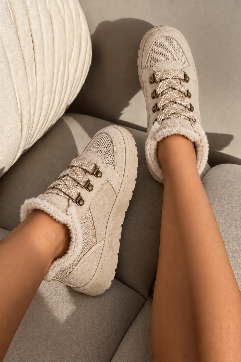 Hudson Comfort Faux Suede Check Lace Faux Fur Lined Trainers Nude